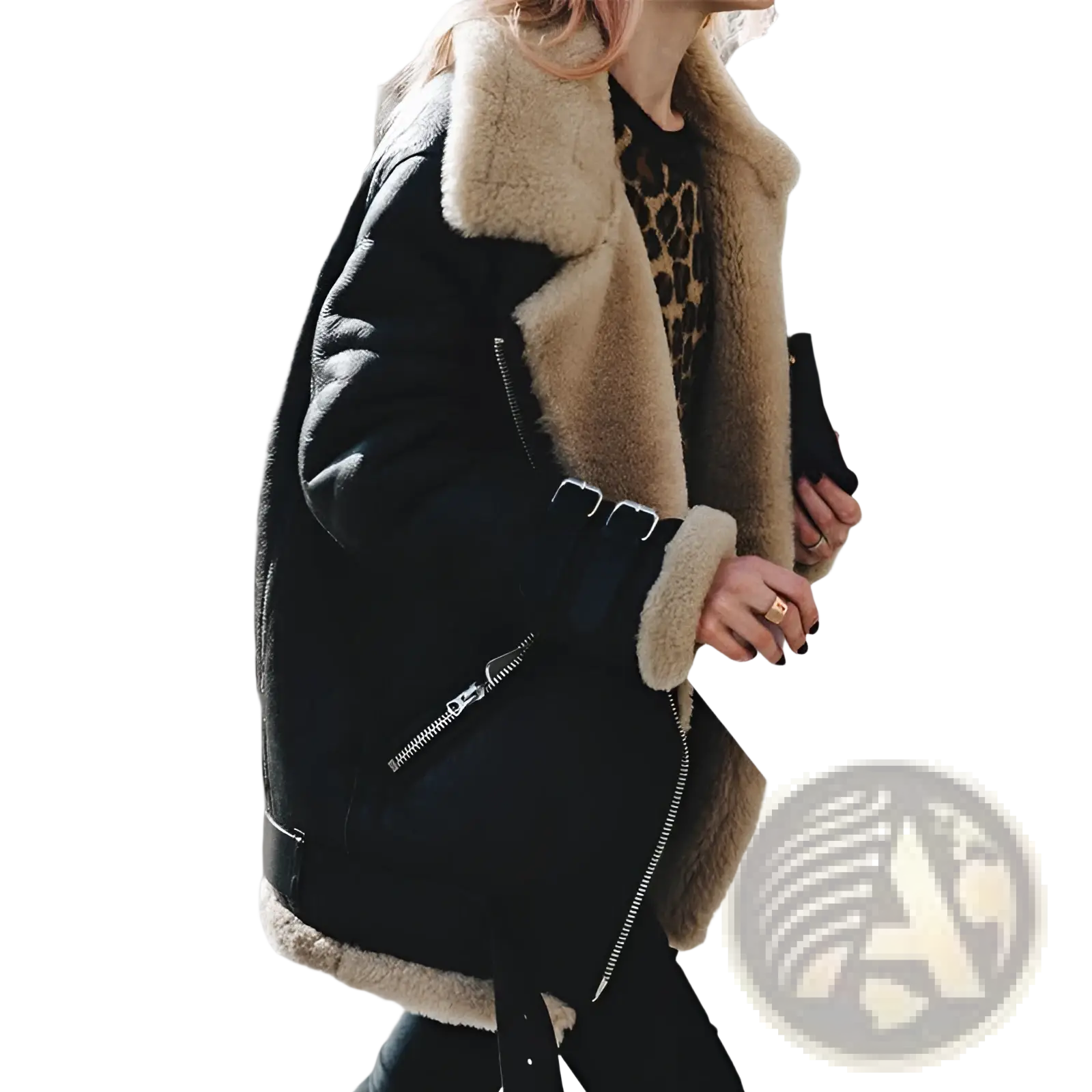 Black shearling lined suede bomber jacket with tan fur trim and silver zippers featuring leather detailing