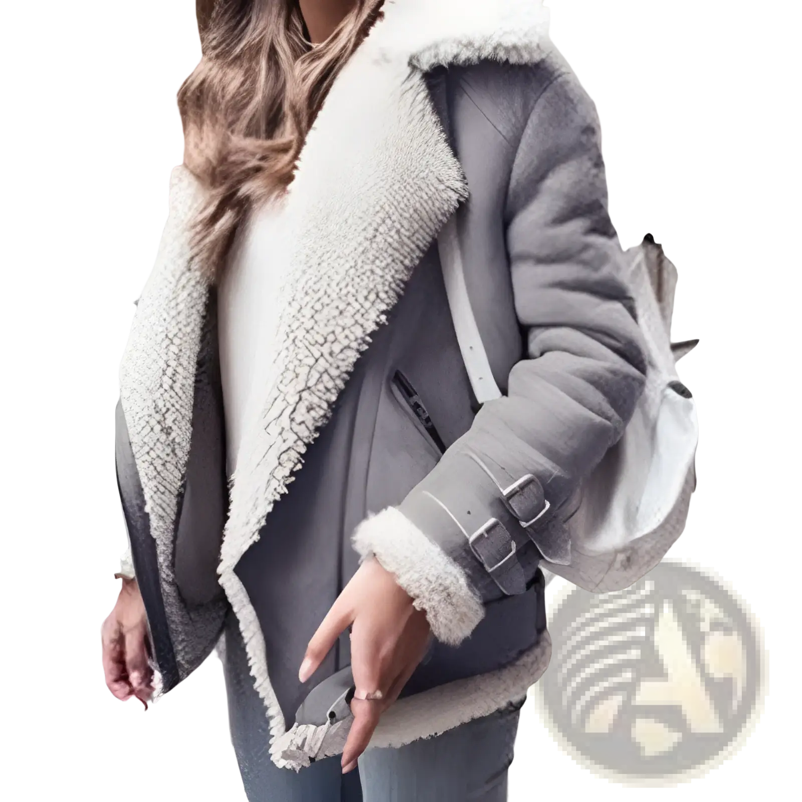 Gray shearling lined suede bomber jacket with leather trim featuring plush white fleece interior and double buckle cuffs