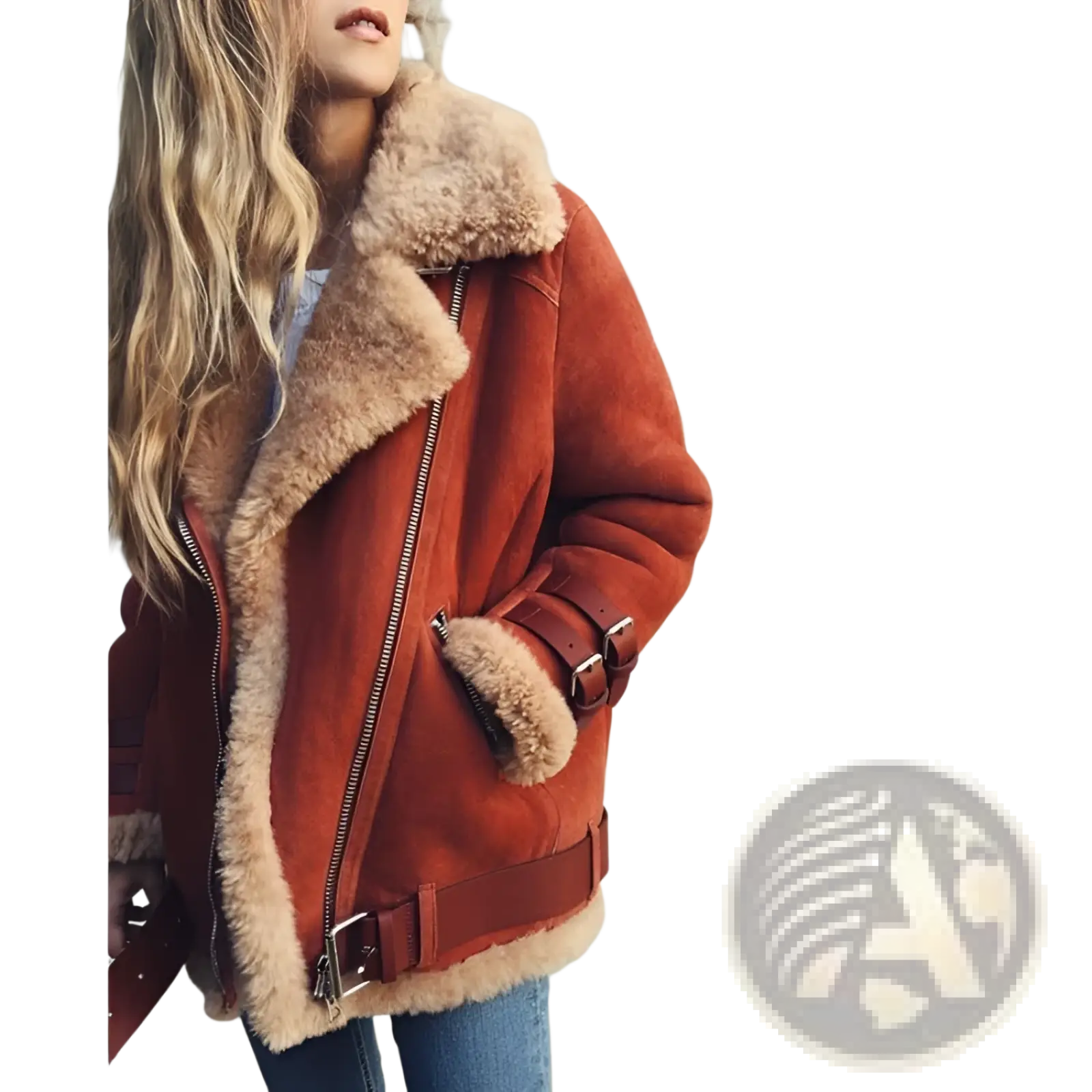 Rust-colored shearling lined suede bomber jacket with tan fur lining and brown leather belt accents