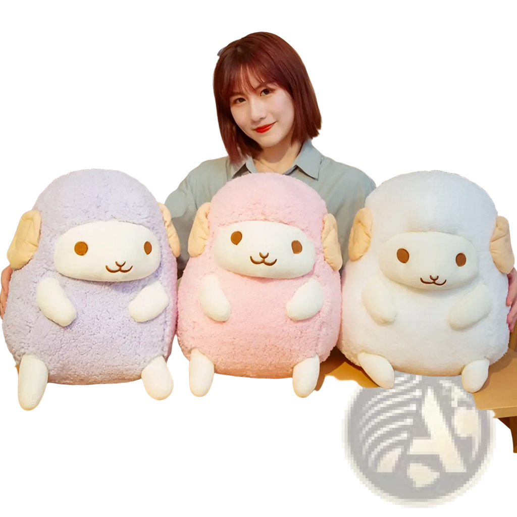 Three plush sheep toys in pastel lavender pink and white with soft wool-like fabric and embroidered facial features