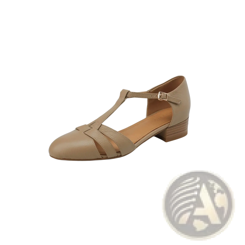 Beige sheepskin leather t-strap low block heel pump with adjustable ankle strap shown from the back side