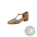 Beige sheepskin leather t-strap low block heel pump with adjustable ankle strap shown from the back side