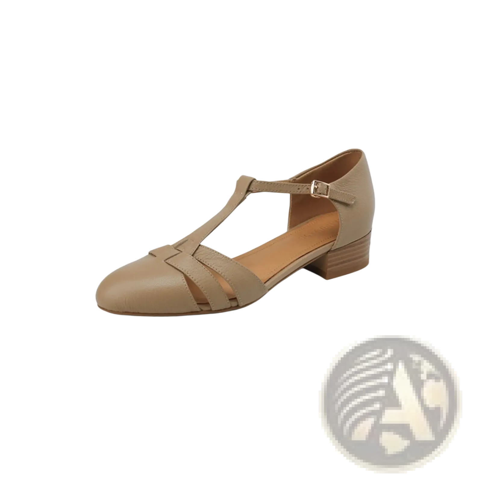 Beige sheepskin leather t-strap low block heel pump with adjustable ankle strap shown from the back side