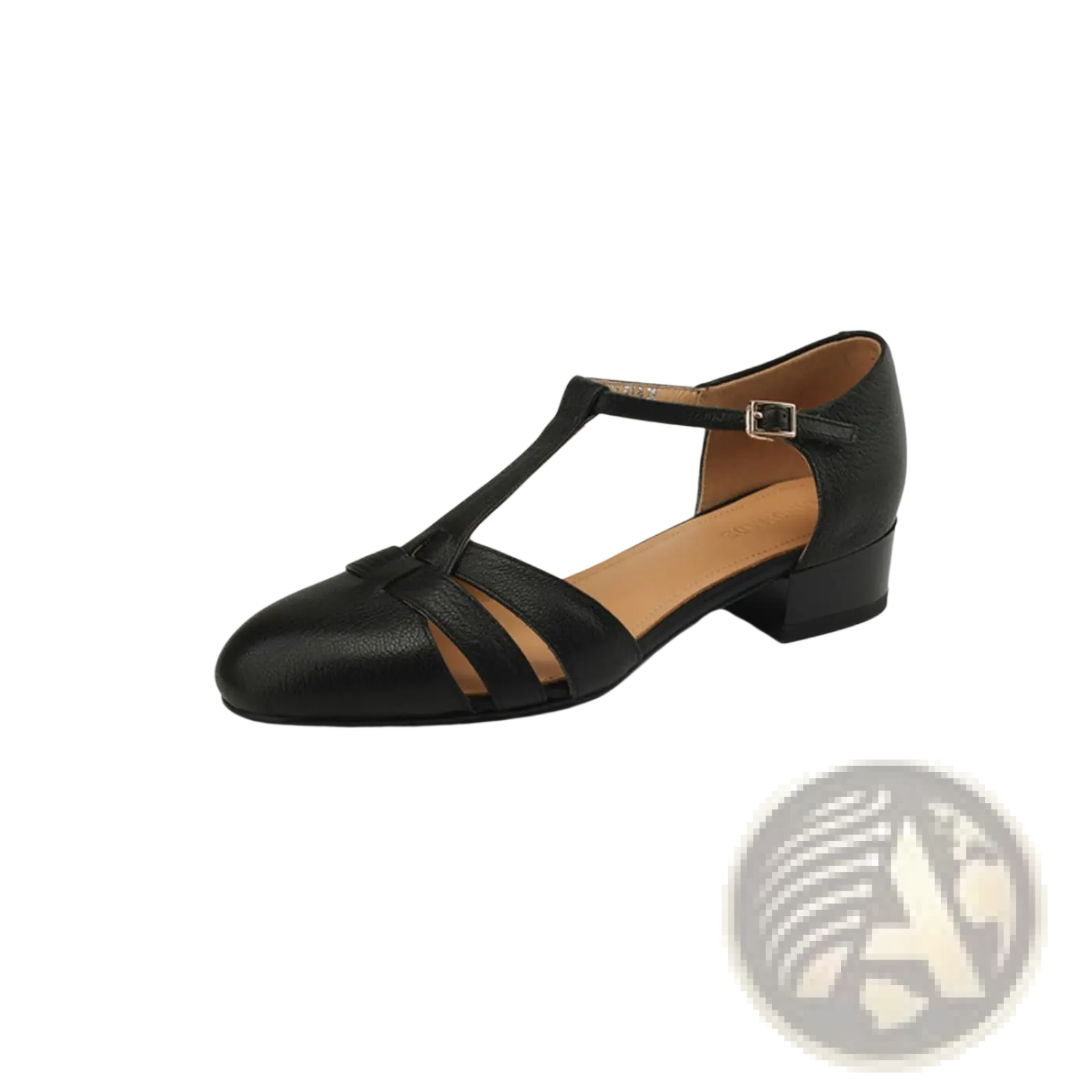 Black sheepskin leather t-strap sandal with low block heel and tan insole for comfortable everyday wear