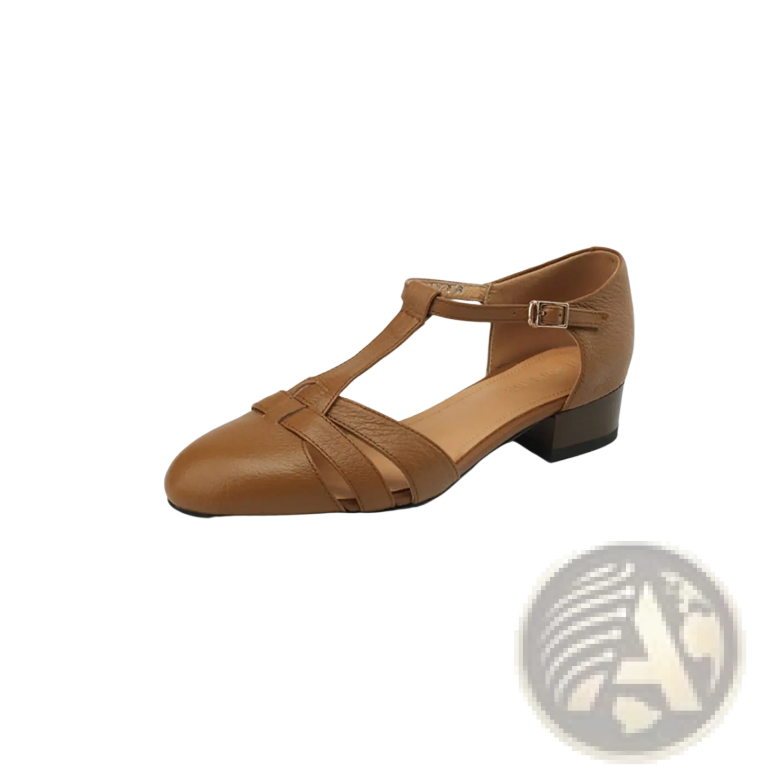 Tan sheepskin leather t-strap low block heel sandals with braided detailing and a low block heel