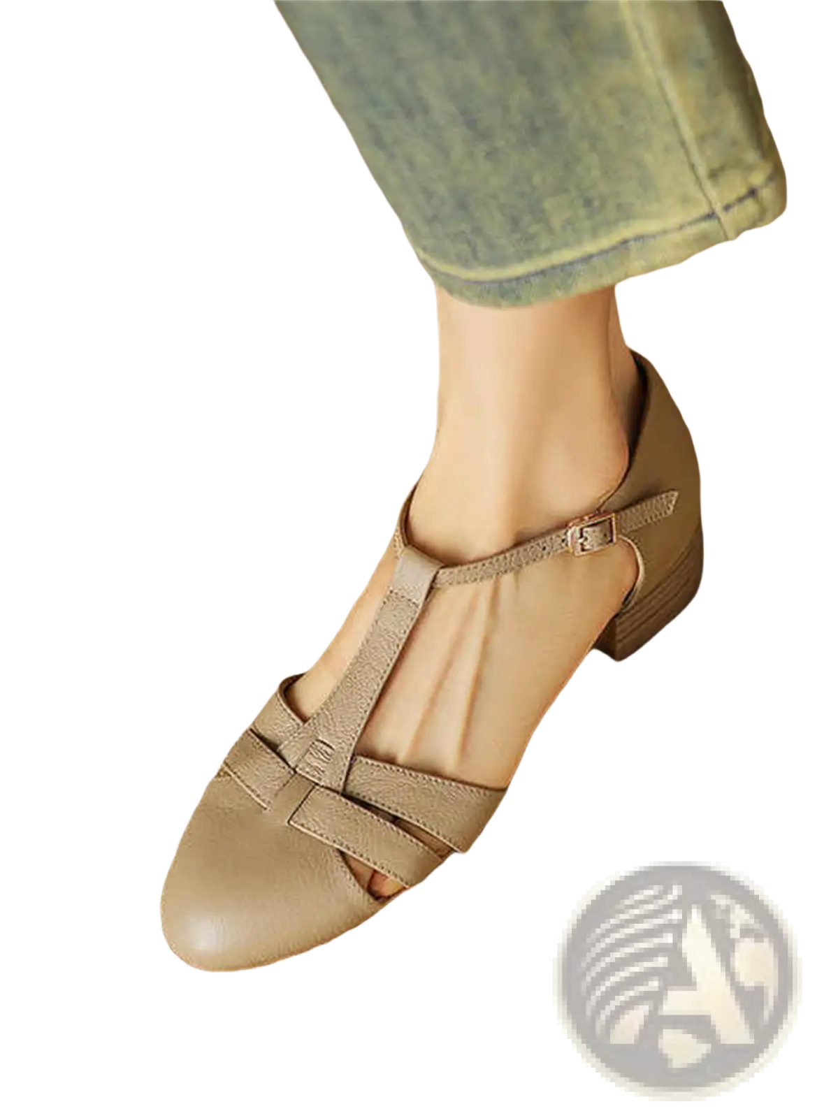 Beige sheepskin leather t-strap flat sandals with low block heel and ankle strap for comfortable wear
