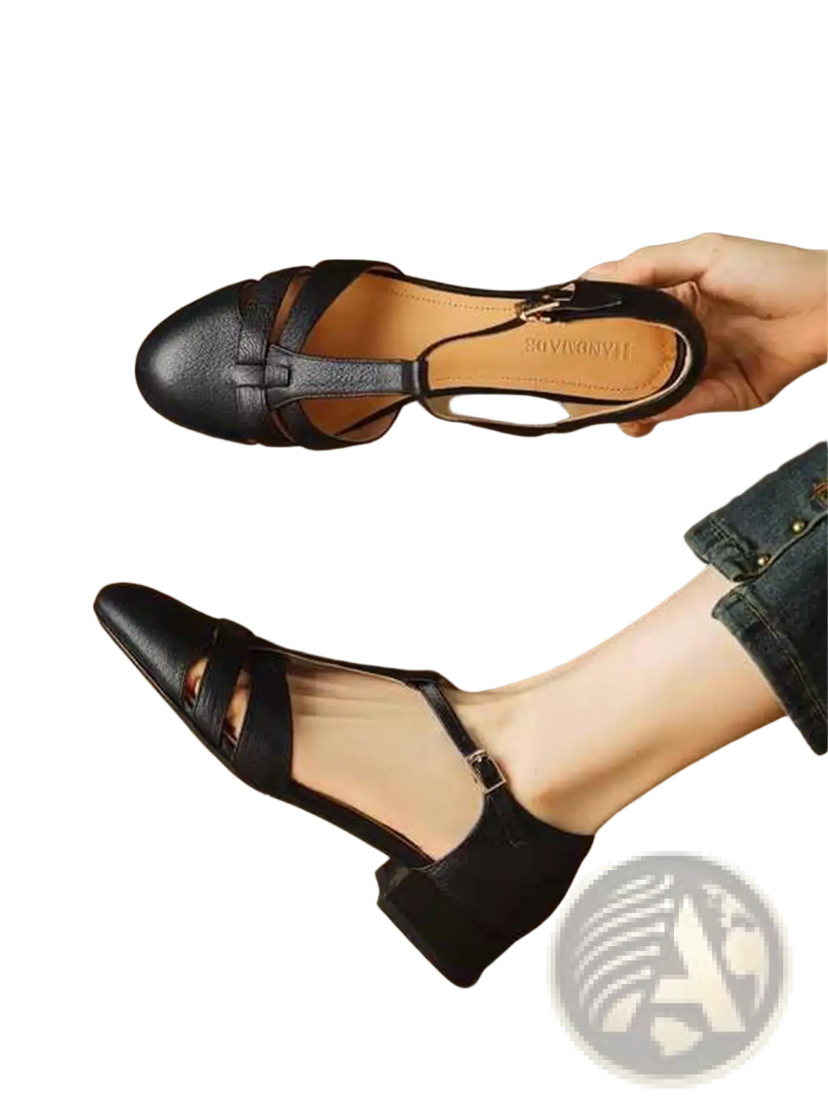 Black sheepskin leather t-strap sandals with low block heel and ankle strap displayed from the back side