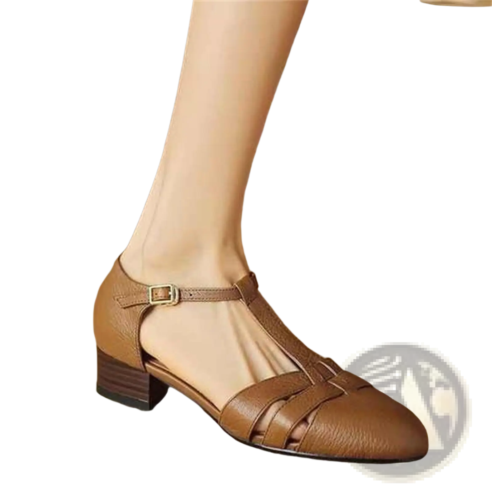 Sheepskin leather brown t-strap sandal with low block heel and decorative crisscross straps