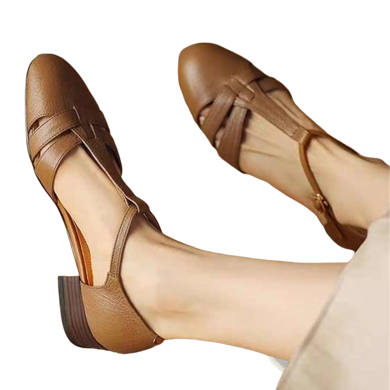 Brown sheepskin leather t-strap low block heel sandals with woven strap design and open toe style