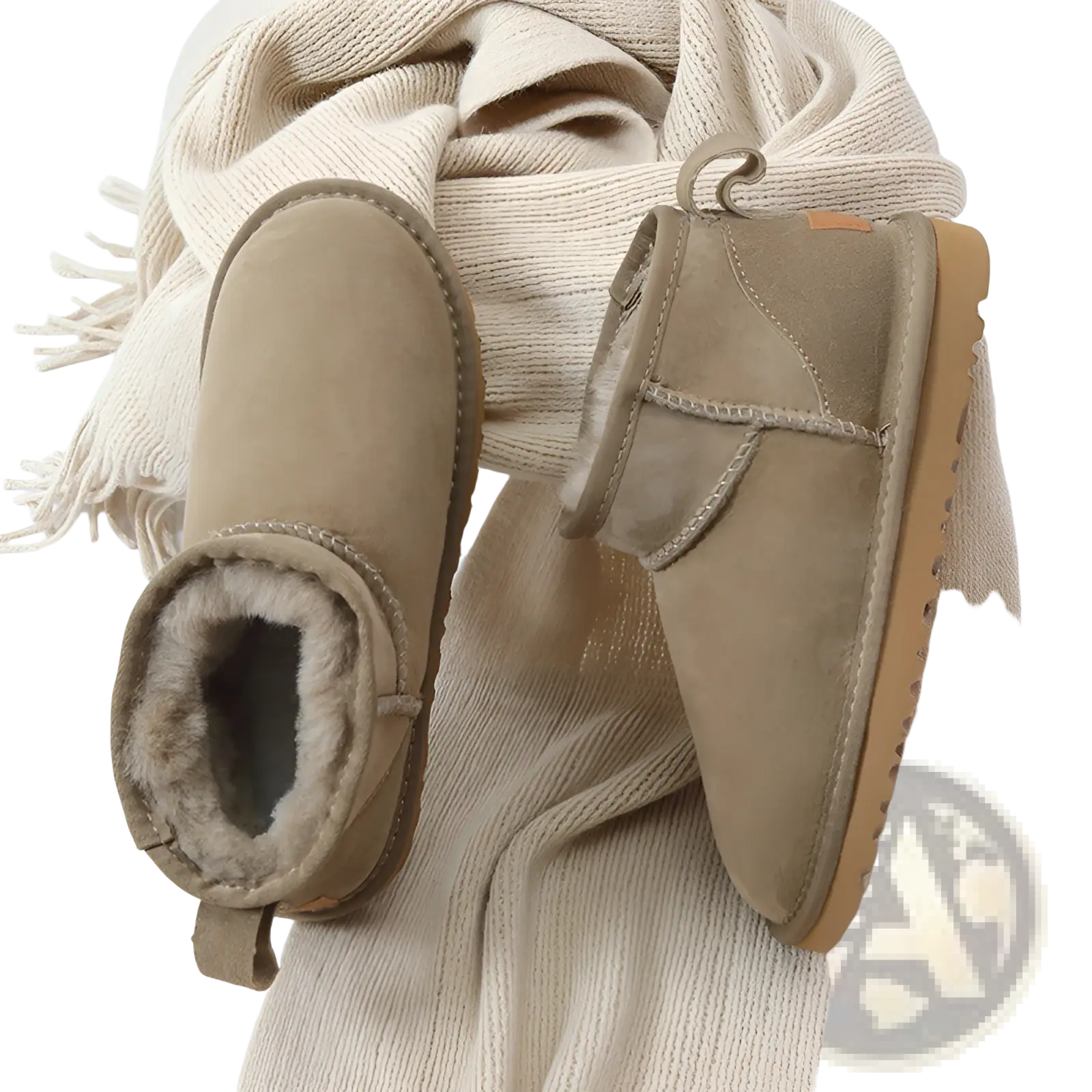 Beige suede sheepskin mini snow boots with plush fleece lining and tan rubber sole for winter wear
