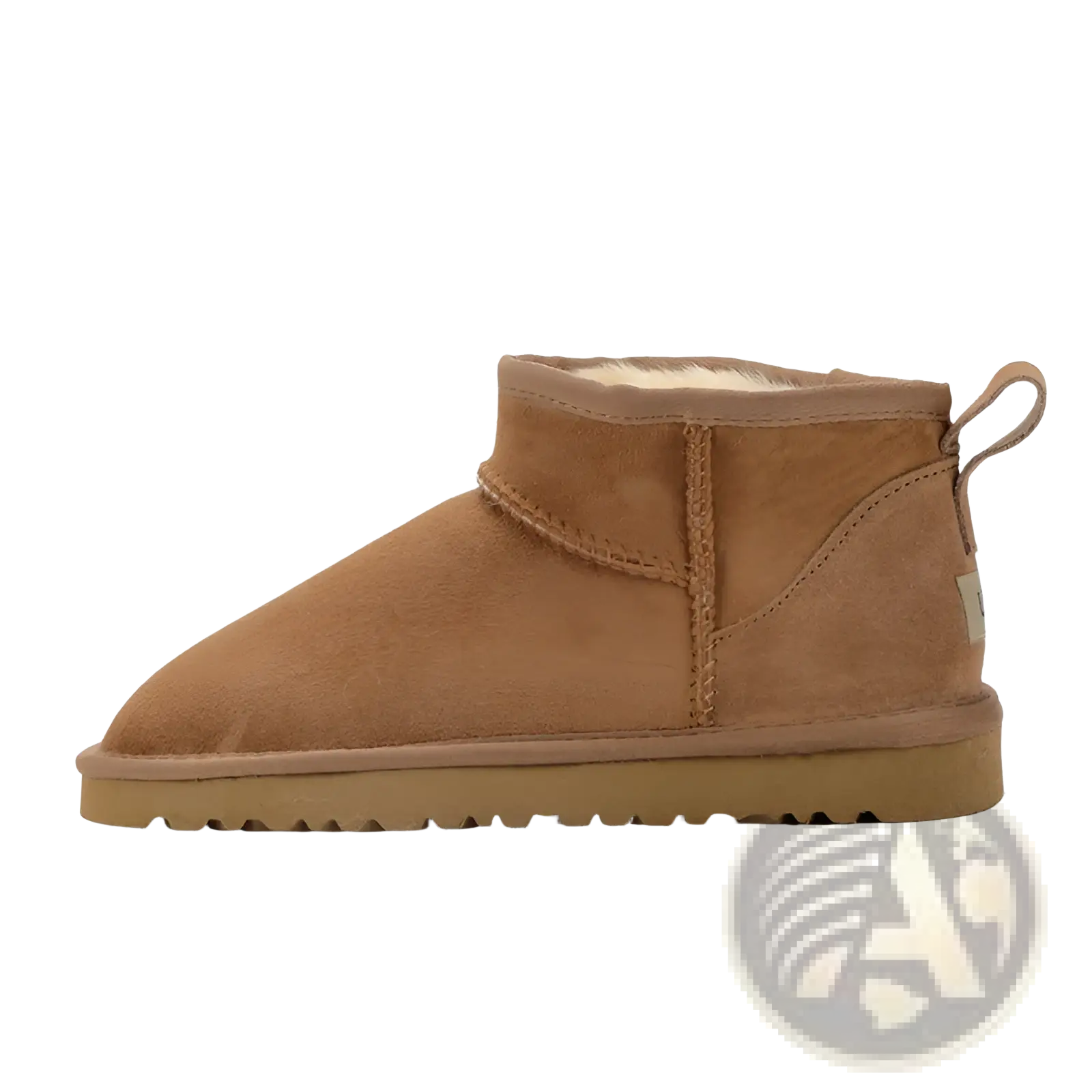 Sheepskin mini snow boots in tan suede leather with plush white shearling lining and durable rubber sole