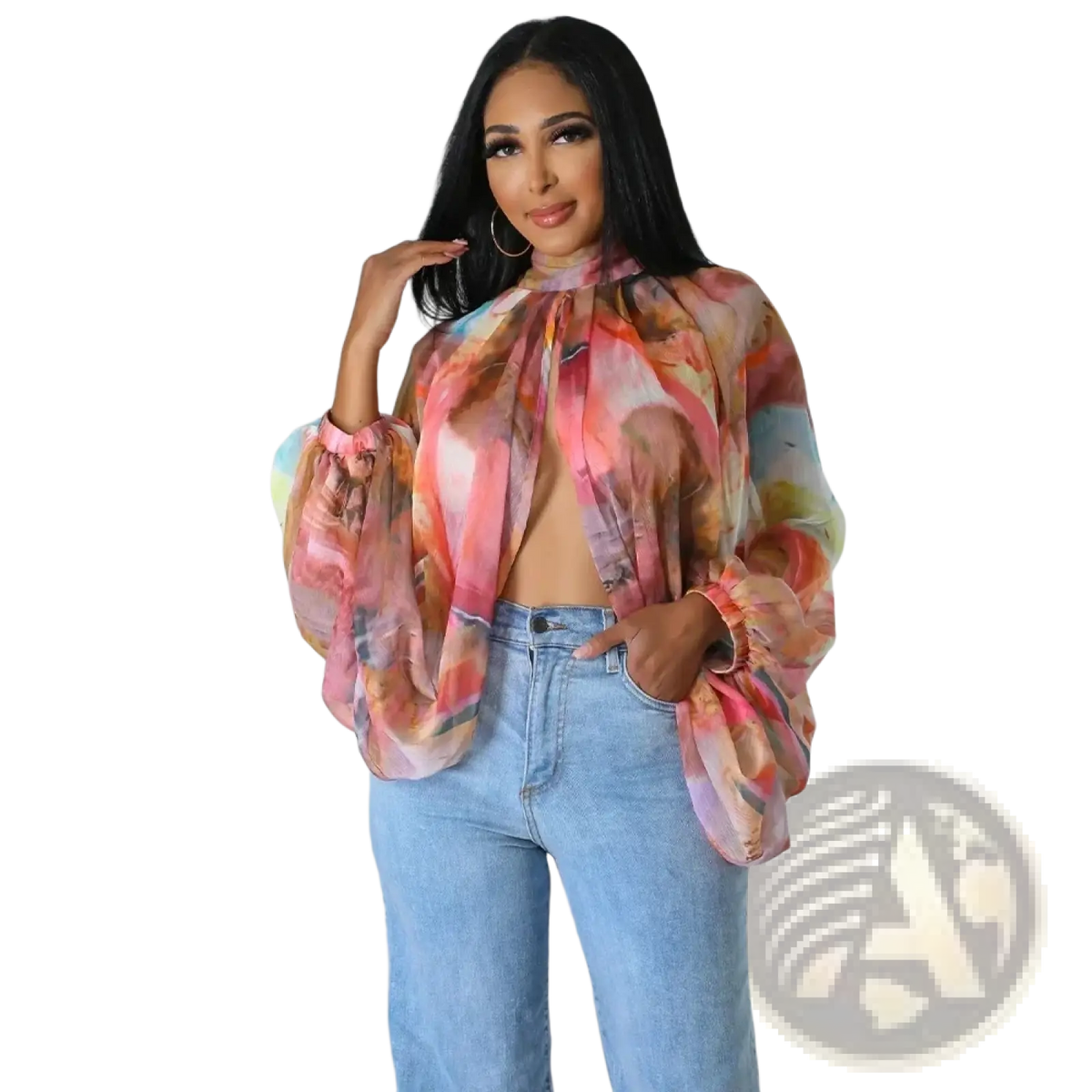 Sheer chiffon blouse with vibrant pink orange and blue abstract print puffed sleeves and high neck tie neck top