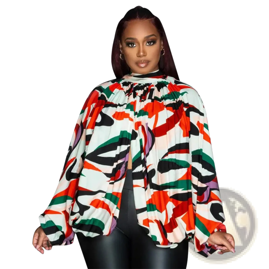 A vibrant sheer chiffon blouse with long sleeves high neckline and pleated abstract red green black white purple patterns