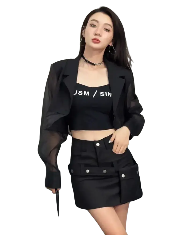 Black mesh sheer cropped blazer with structured shoulders and sheer sleeves for office wear