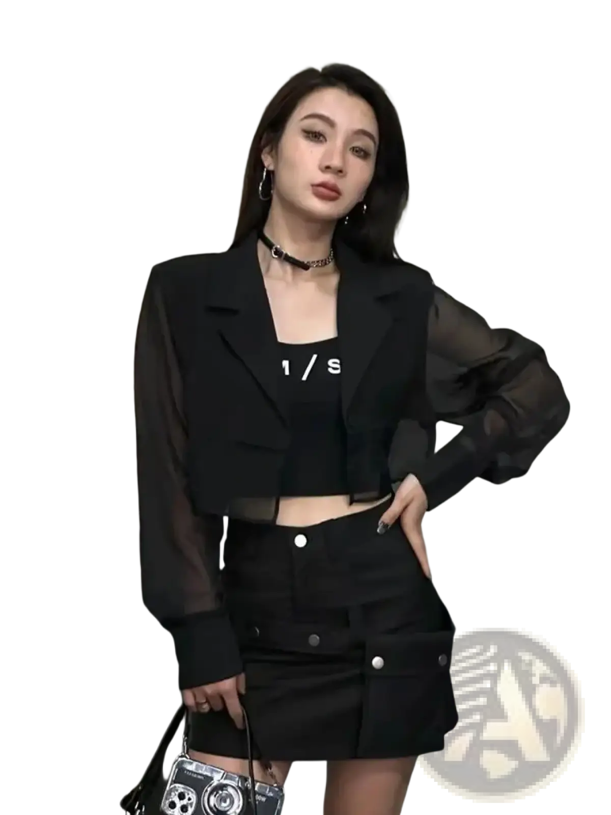 Black sheer long-sleeve cropped blazer with mesh overlay and structured lapels for office wear