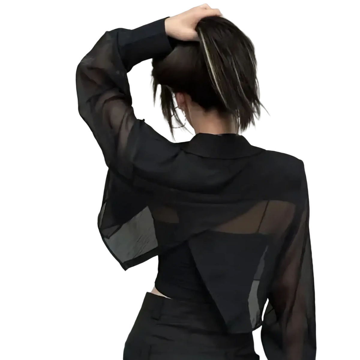 Black sheer cropped blazer with long sleeves and geometric cutouts in mesh fabric for office wear