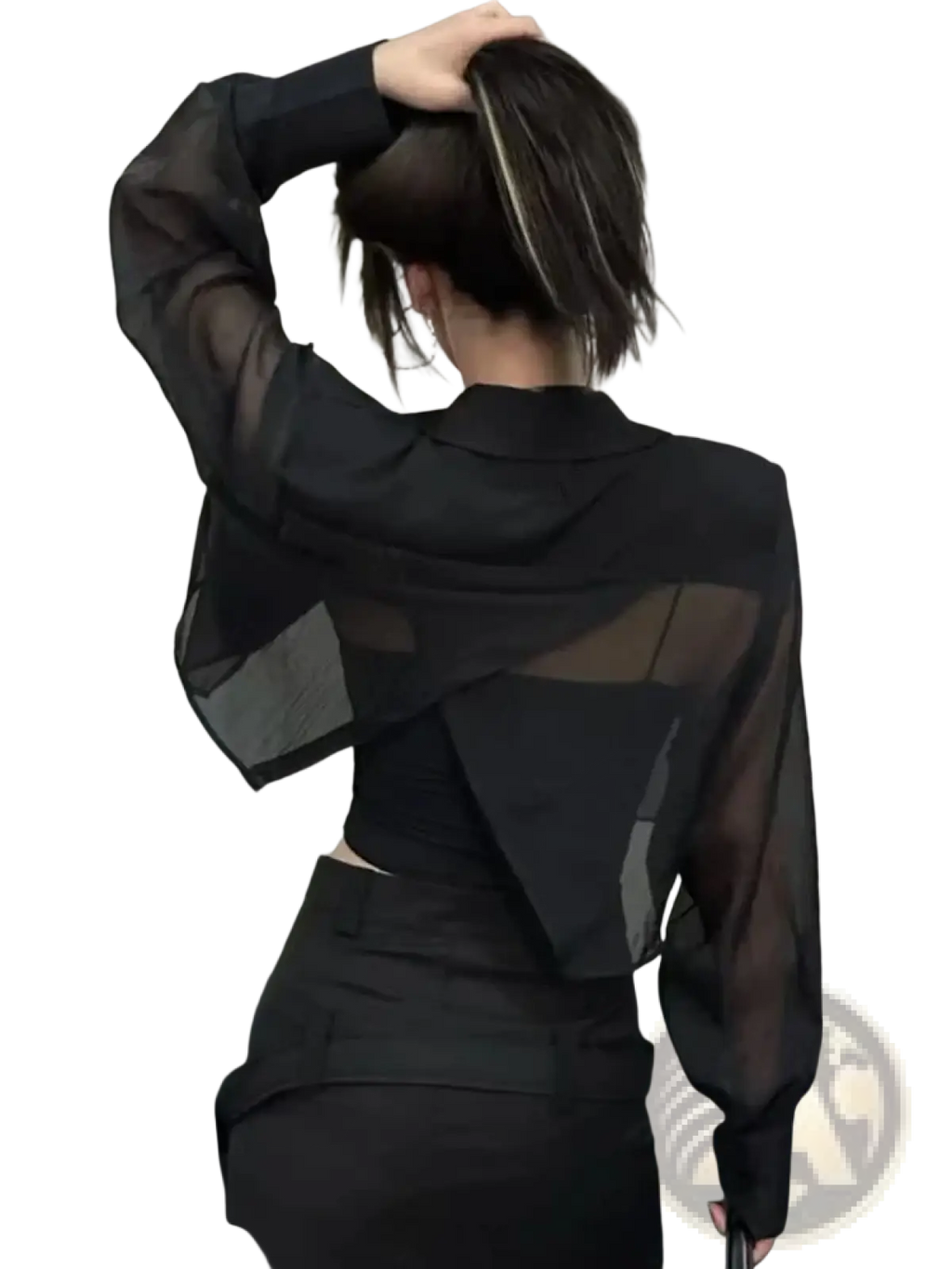 Back view of black sheer cropped blazer with mesh fabric layered design and cutout detail for office wear