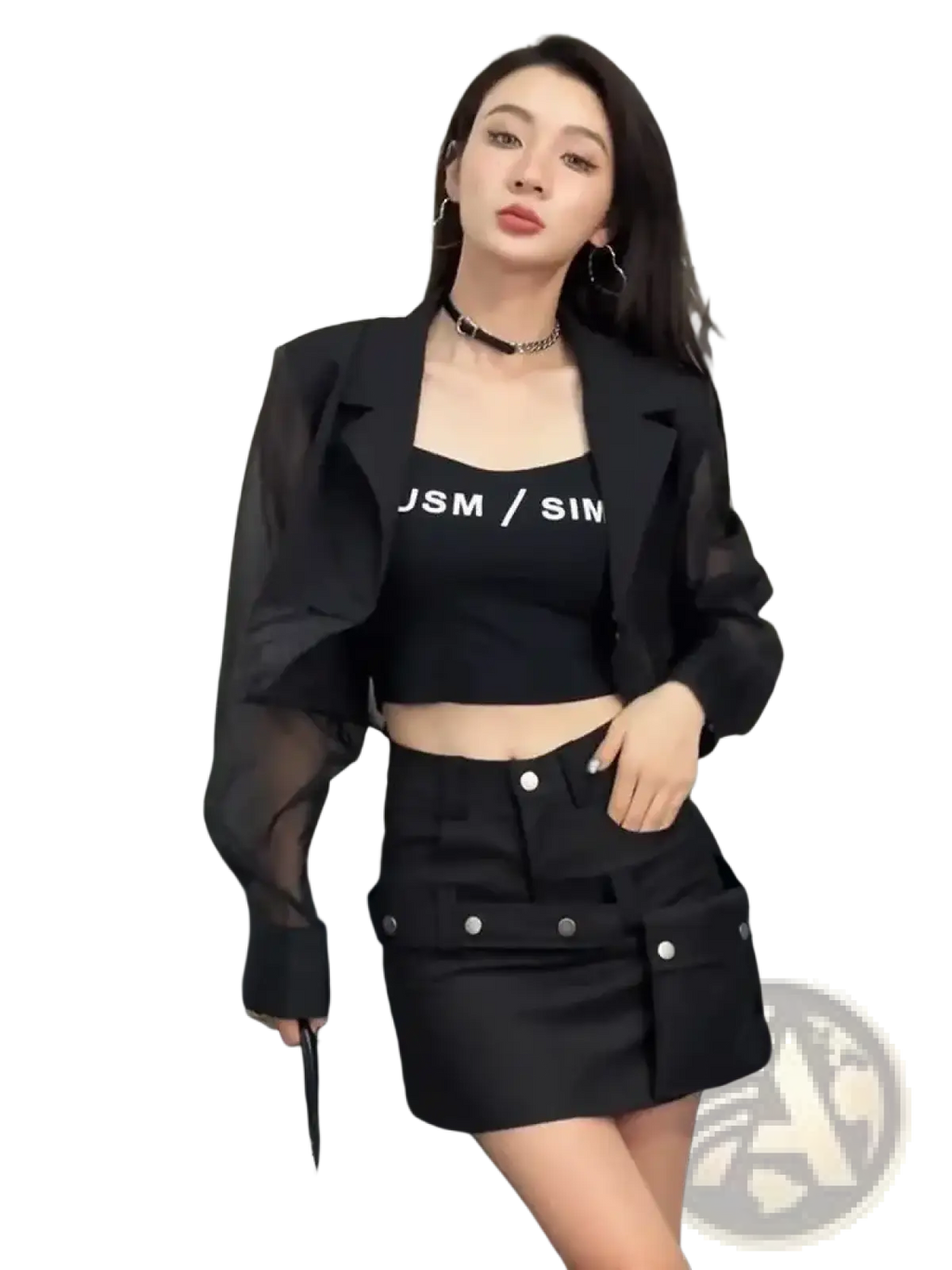 Black mesh sheer cropped blazer with structured shoulders and sheer sleeves for office wear