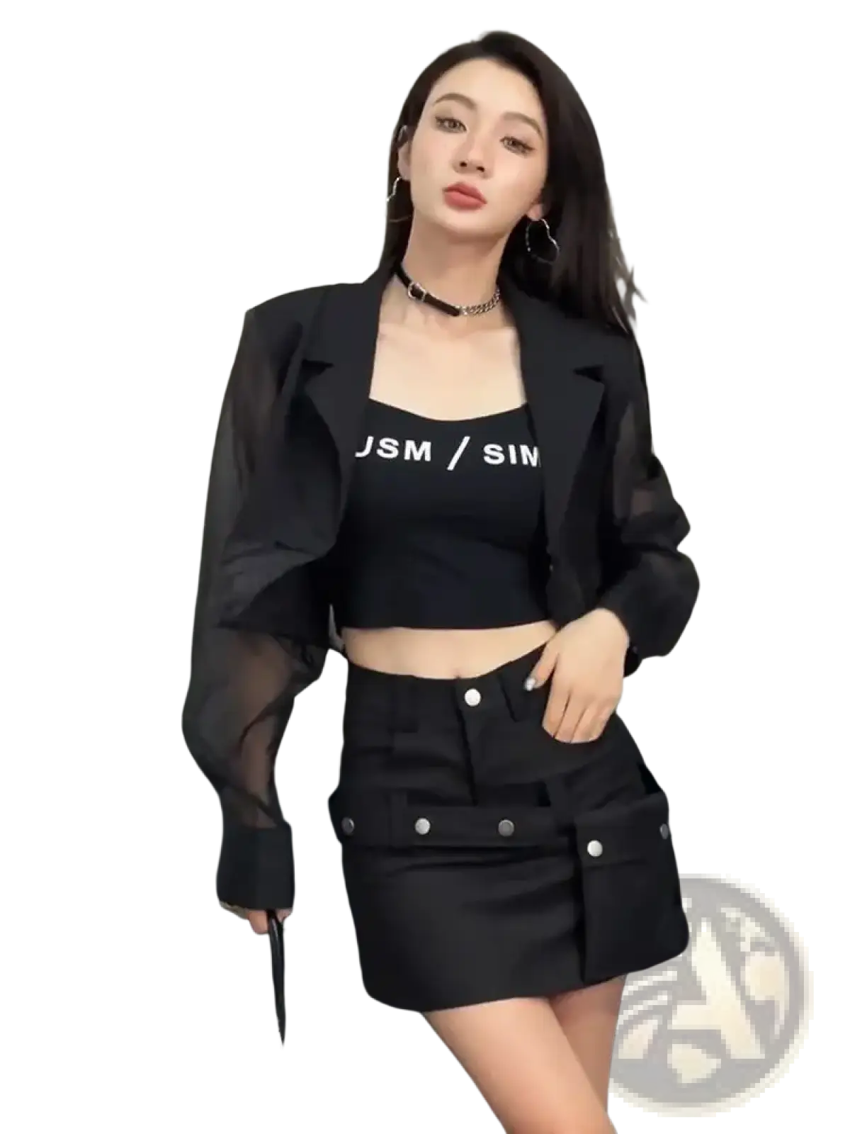 Black mesh sheer cropped blazer with structured shoulders and sheer sleeves for office wear