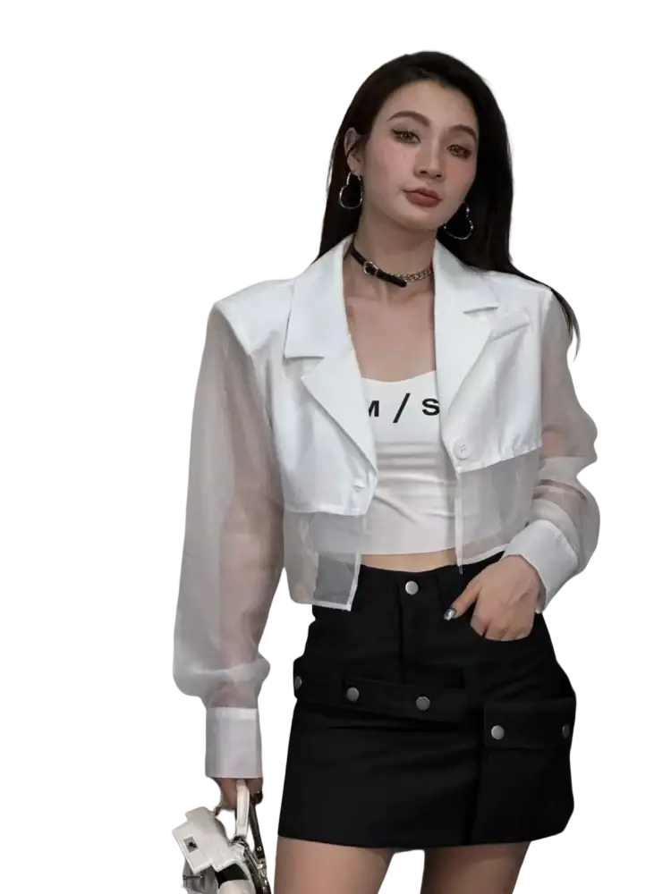 White sheer blazer with long sleeves and cropped fit in black mesh for office wear