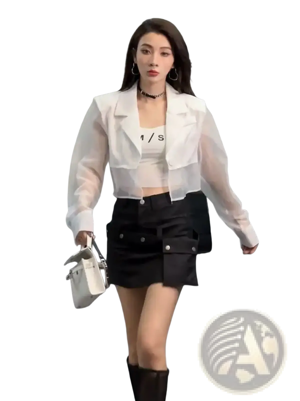 White sheer cropped blazer with long sleeves and structured collar in black mesh for office wear