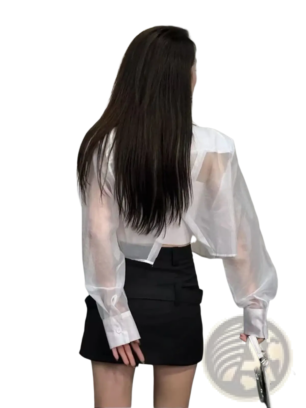 White sheer long-sleeved blouse with puffy sleeves and buttoned cuffs complementing a sheer cropped black mesh office blazer