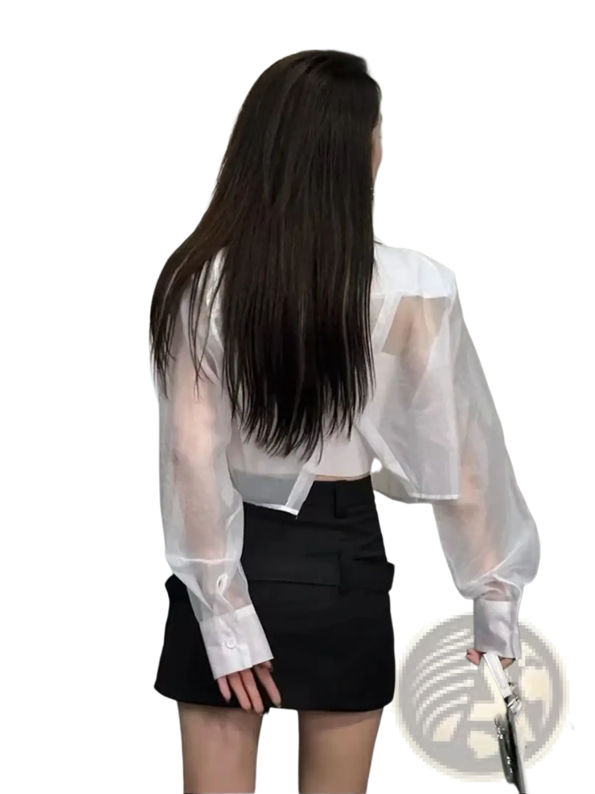 White sheer long-sleeved blouse with puffy sleeves and buttoned cuffs complementing a sheer cropped black mesh office blazer