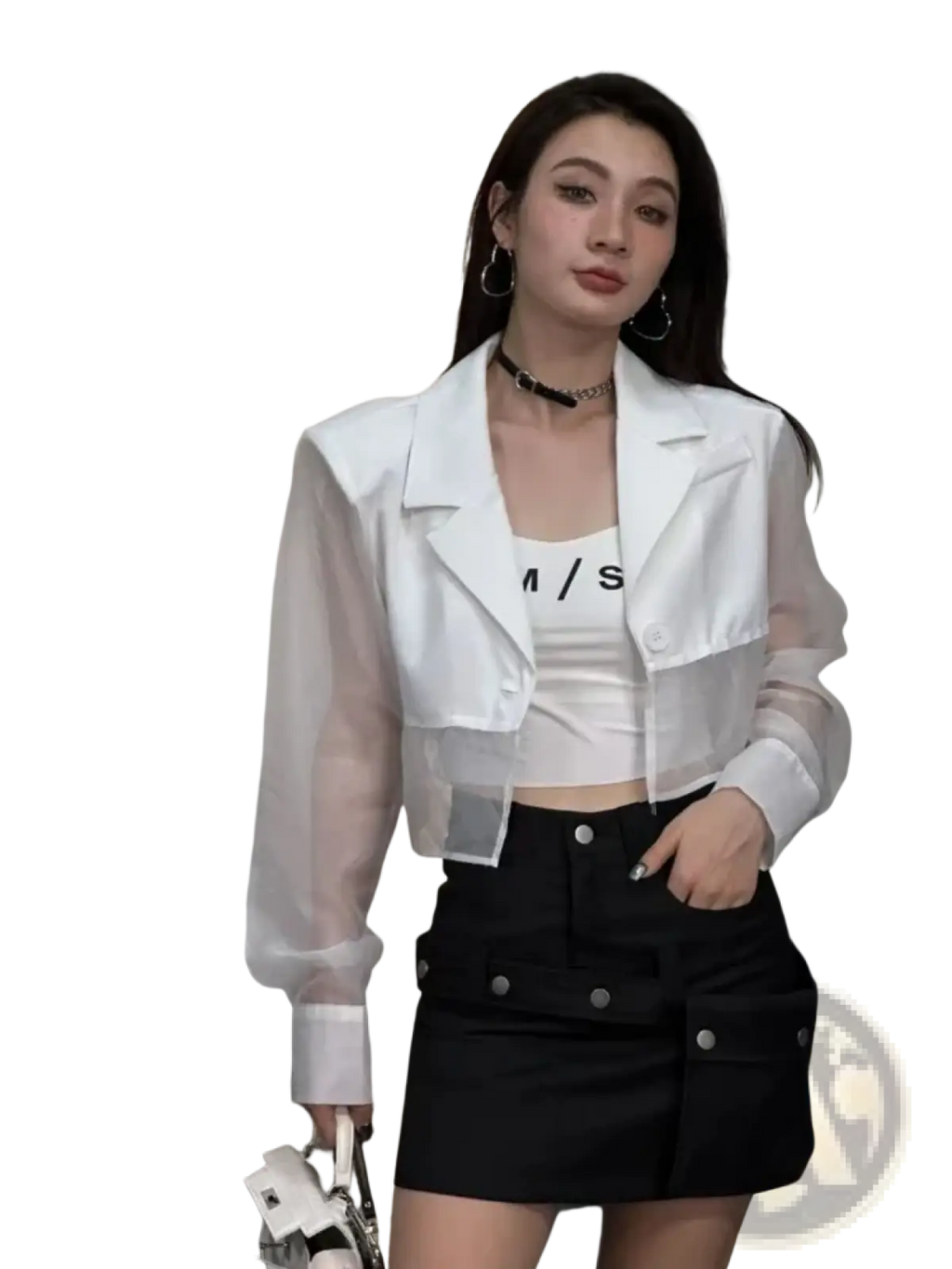 White sheer blazer with long sleeves and cropped fit in black mesh for office wear