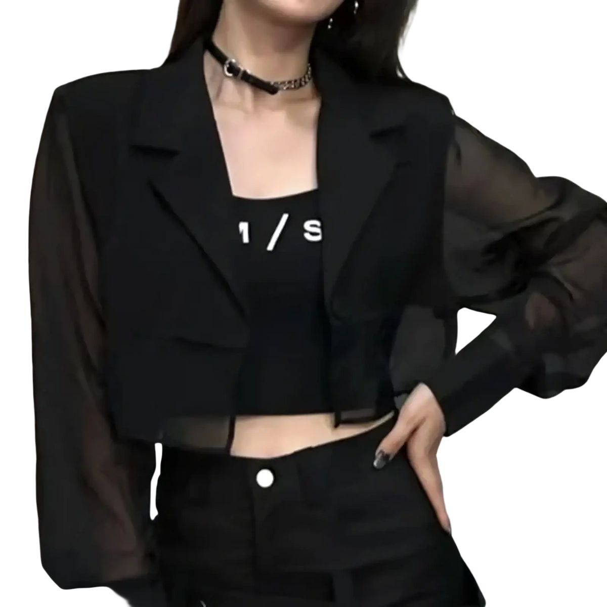 Black sheer blazer with puffy sleeves and cropped fit designed for women summer streetwear fashion