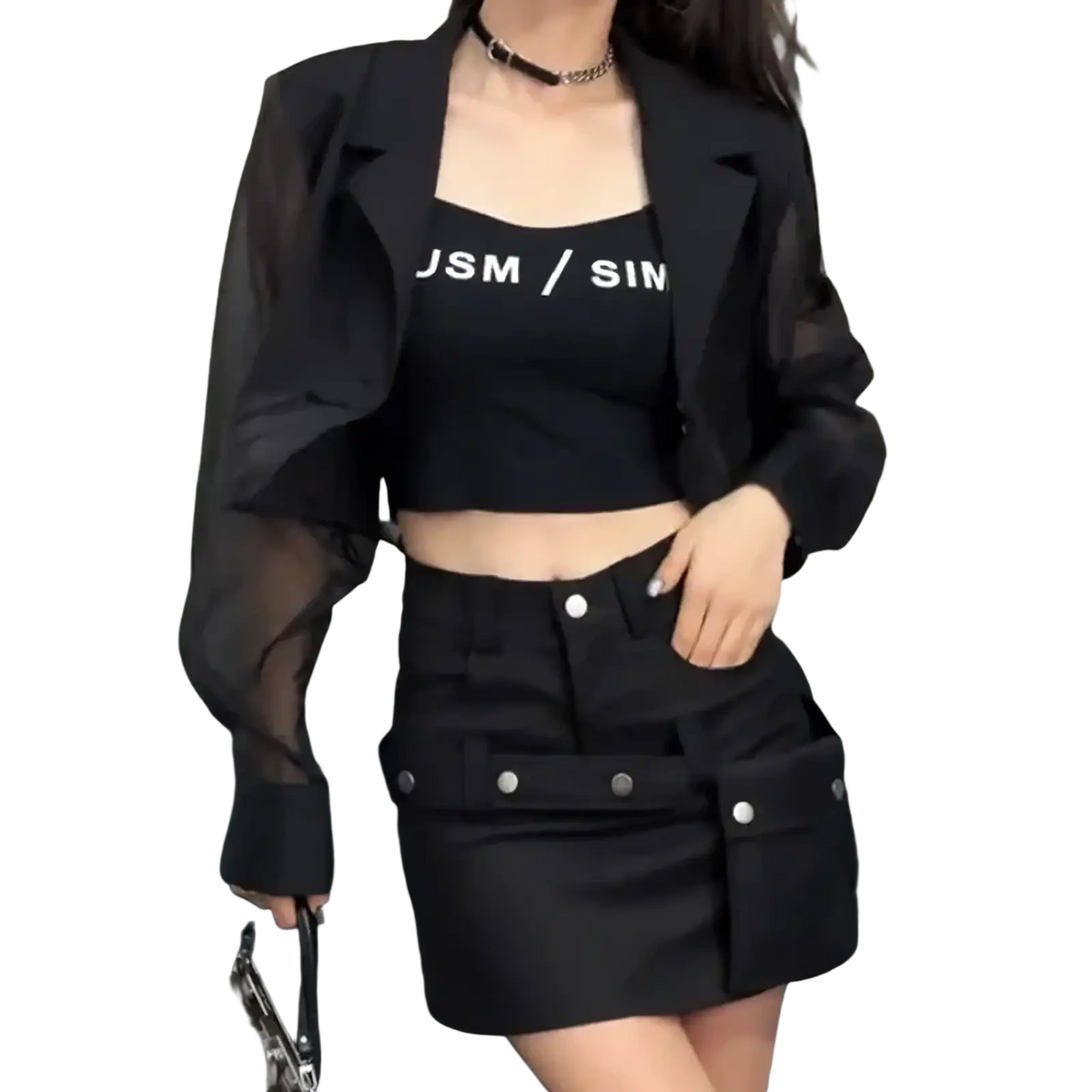 Black sheer blazer with long sleeves and cropped fit over a solid black crop top for summer streetwear women