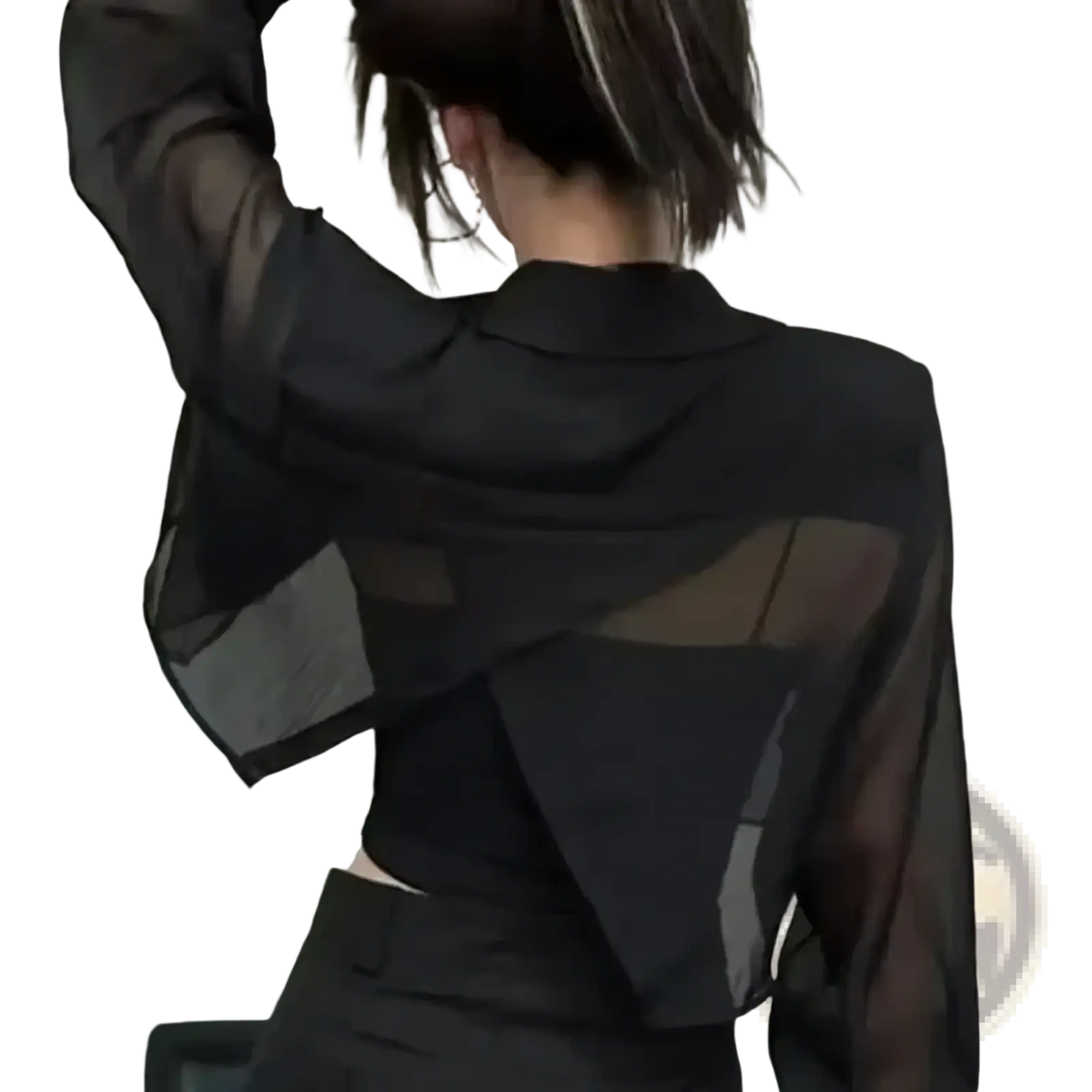 Black sheer long-sleeved blouse with structured collar and cut-out back detail shown from the back for summer streetwear