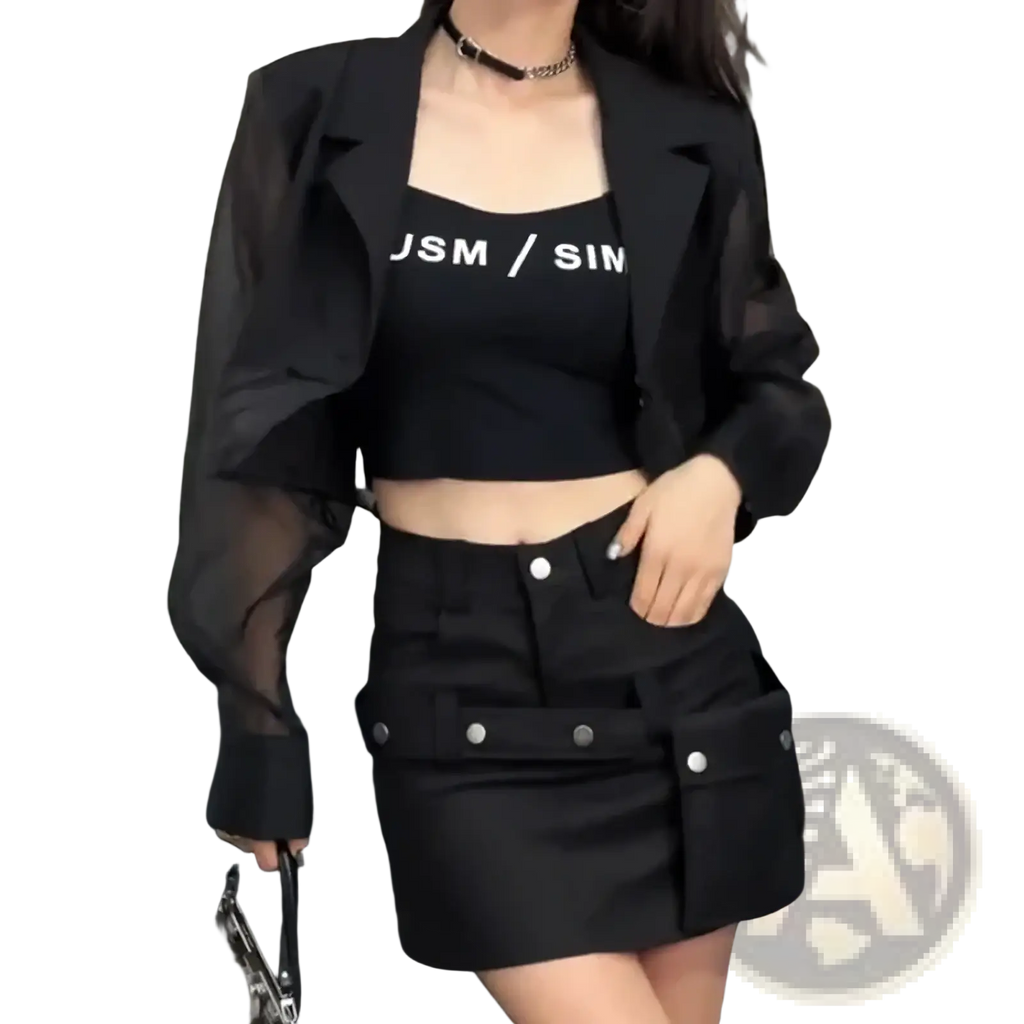 Black sheer blazer with long sleeves and cropped fit over a solid black crop top for summer streetwear women