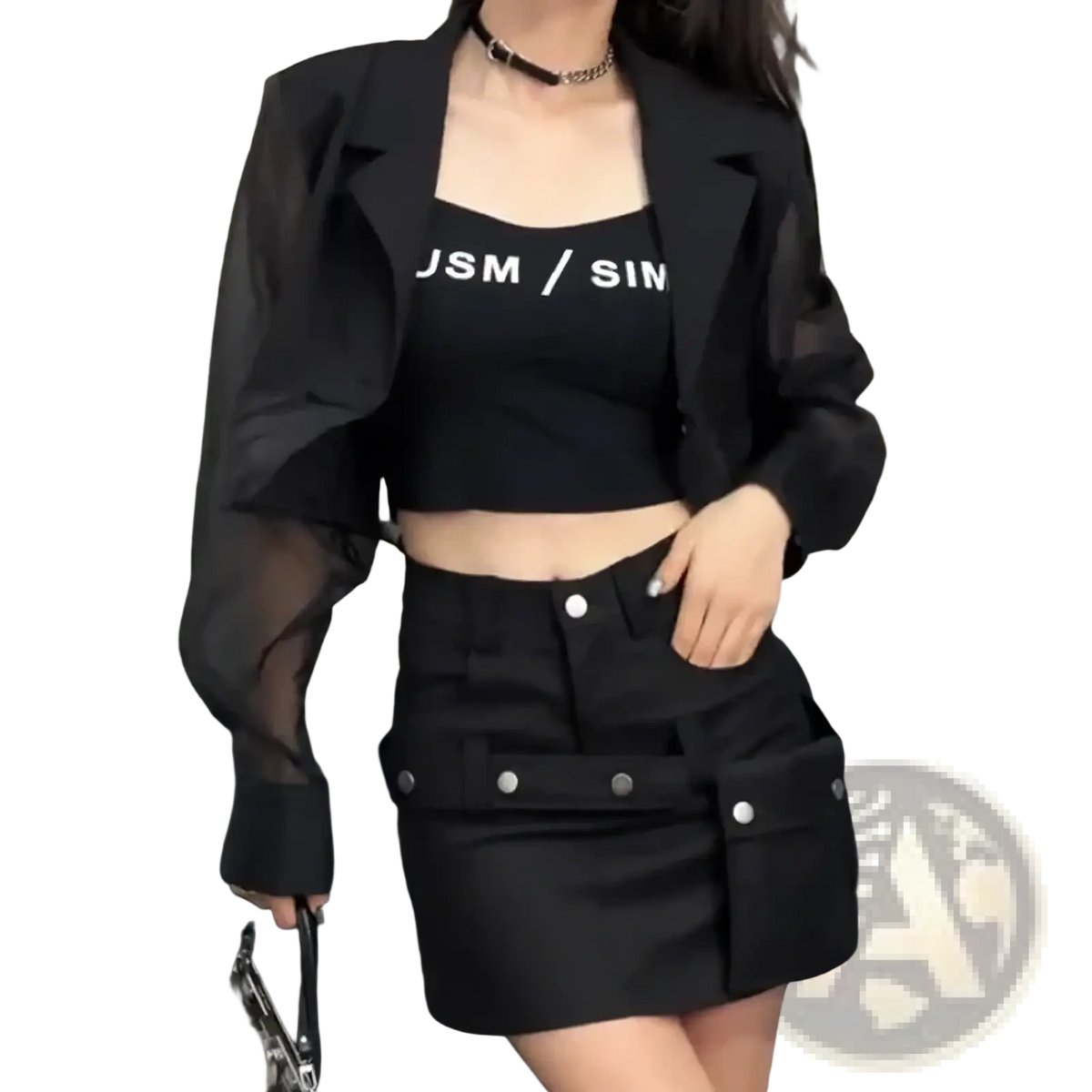 Black sheer blazer with long sleeves and cropped fit over a solid black crop top for summer streetwear women
