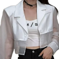 White sheer mesh cropped blazer with solid white front panel and button closure for summer streetwear women