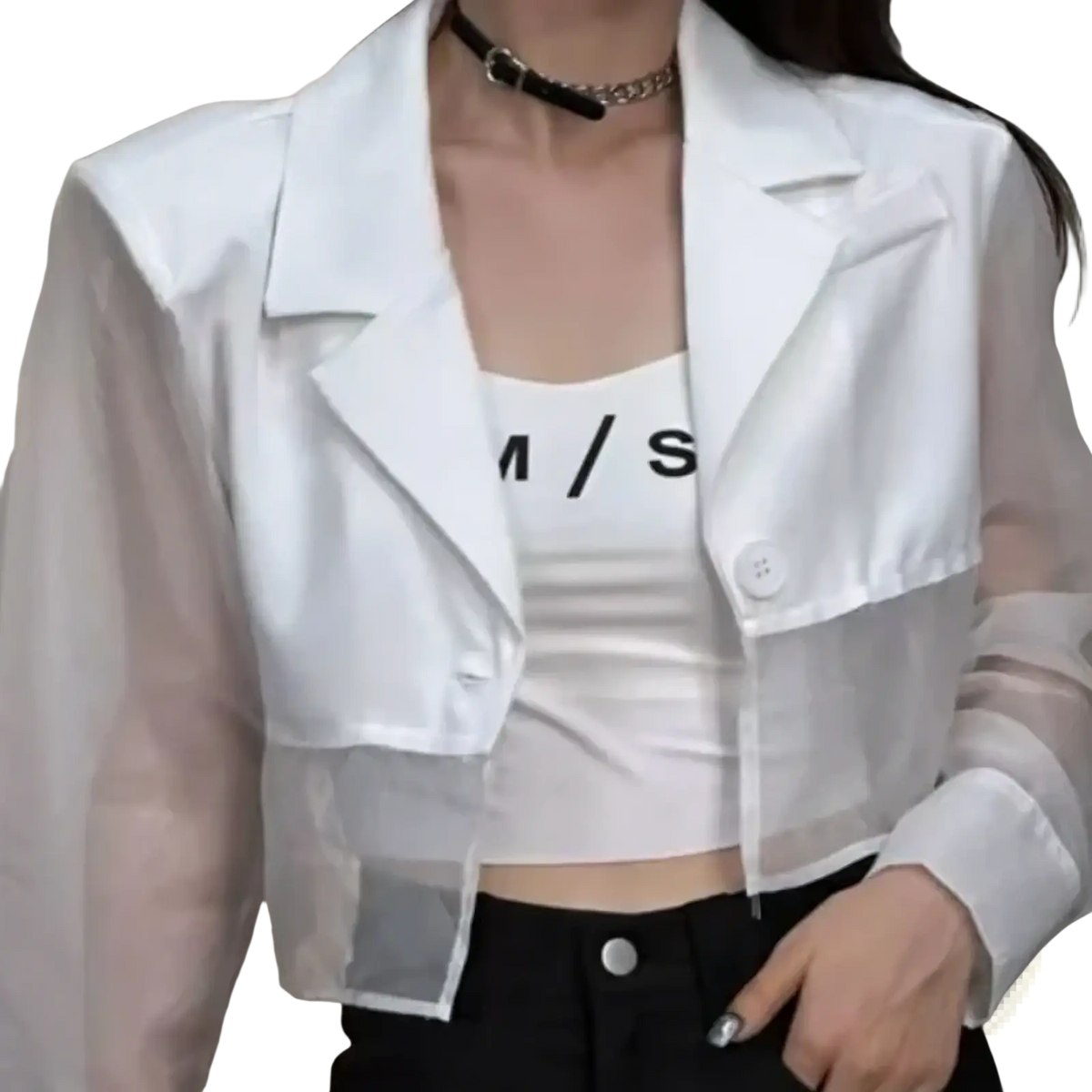 White sheer mesh cropped blazer with solid white front panel and button closure for summer streetwear women