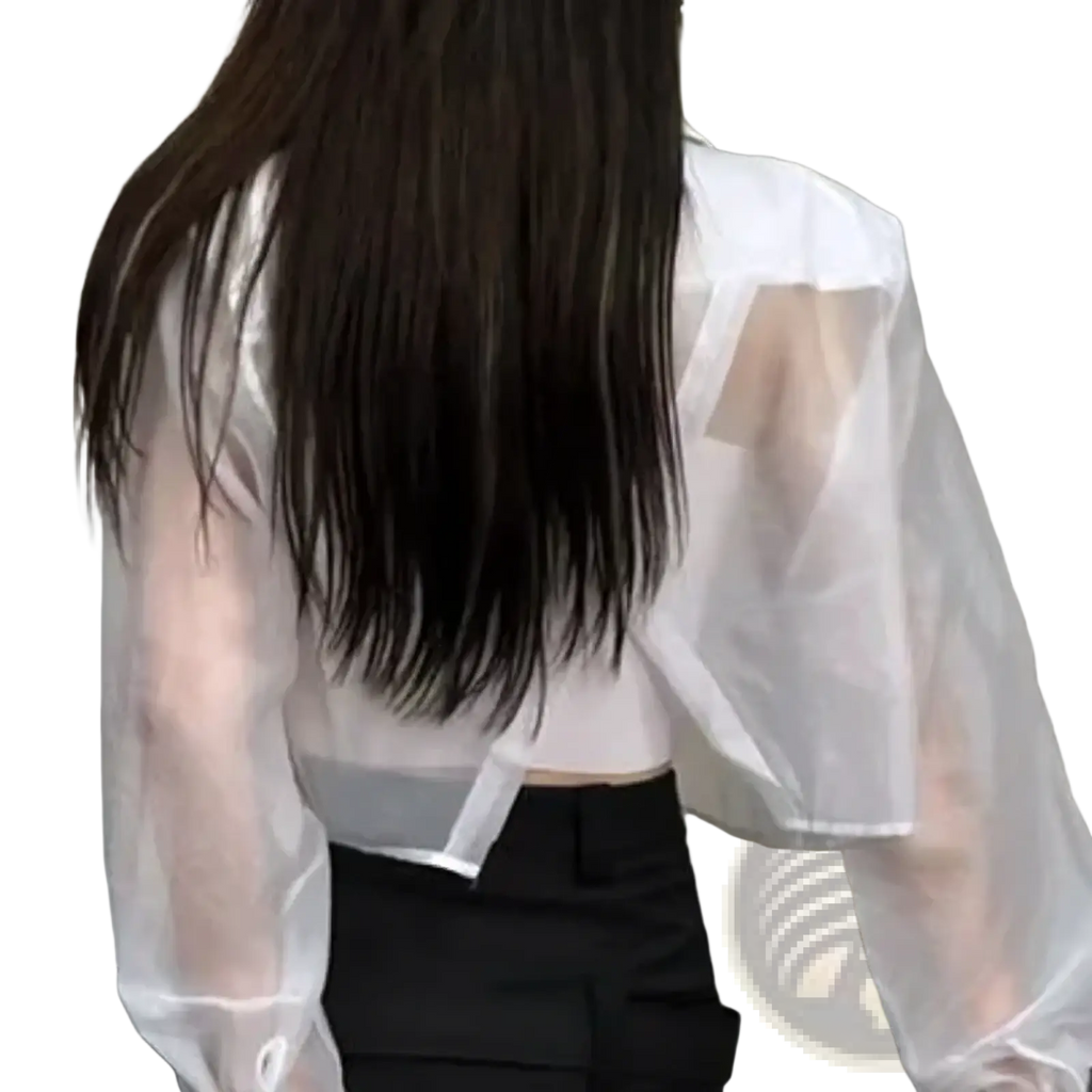 White sheer long-sleeved cropped blazer with subtle side slits for women summer streetwear