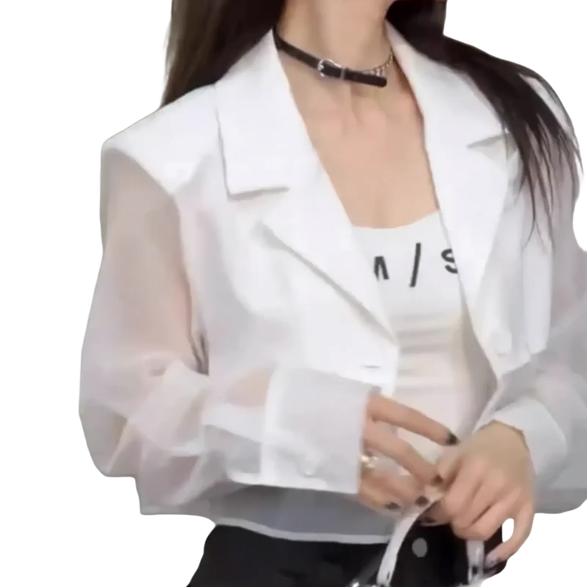White sheer mesh blazer with puffy sleeves and structured collar for summer streetwear women cropped style
