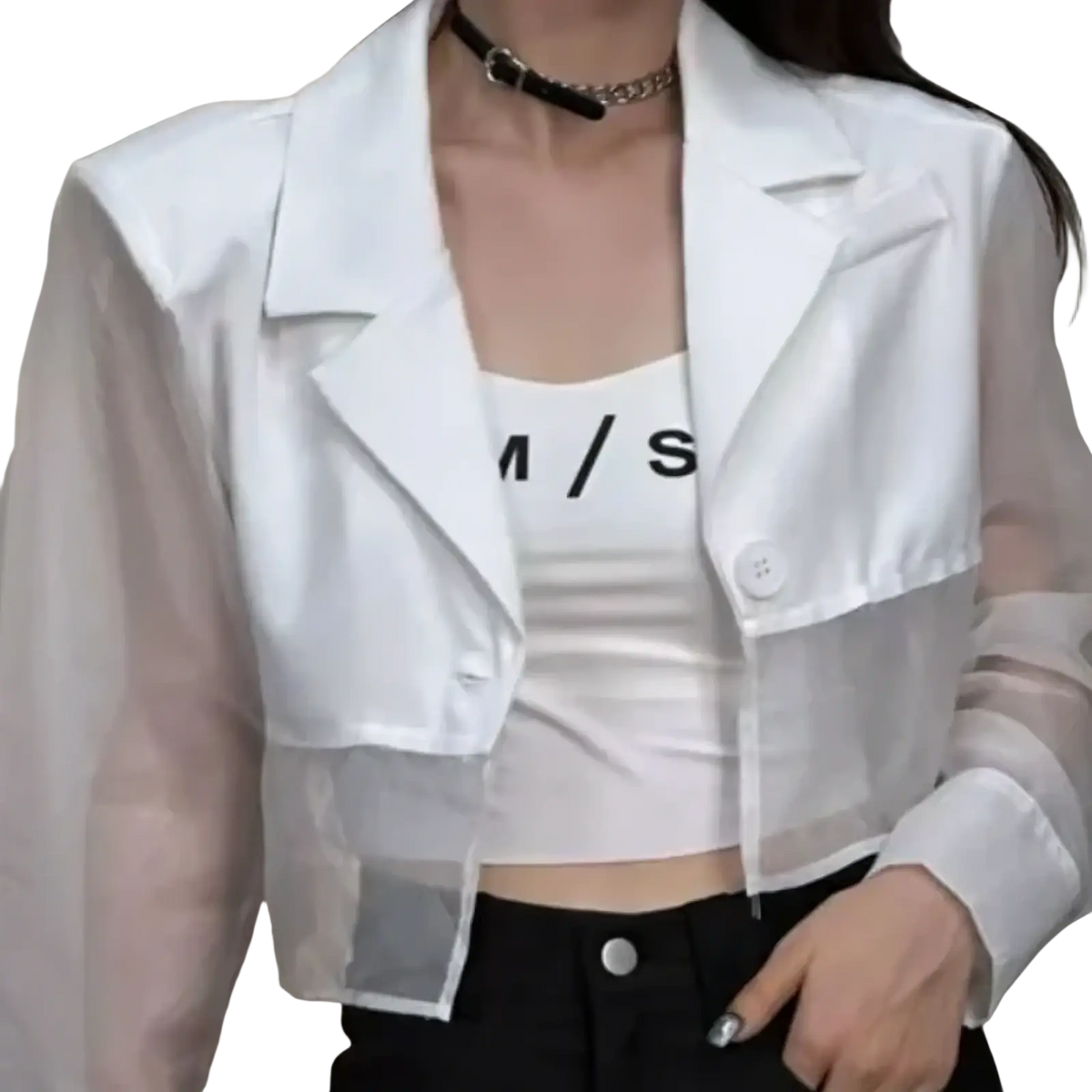 White sheer mesh cropped blazer with solid white front panel and button closure for summer streetwear women