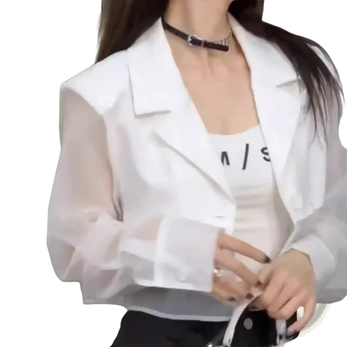 White sheer mesh blazer with puffy sleeves and structured collar for summer streetwear women cropped style