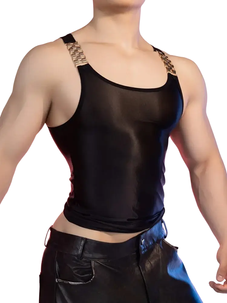 Black sheer glossy men tank top with gold-toned metallic chain straps showcasing the front view