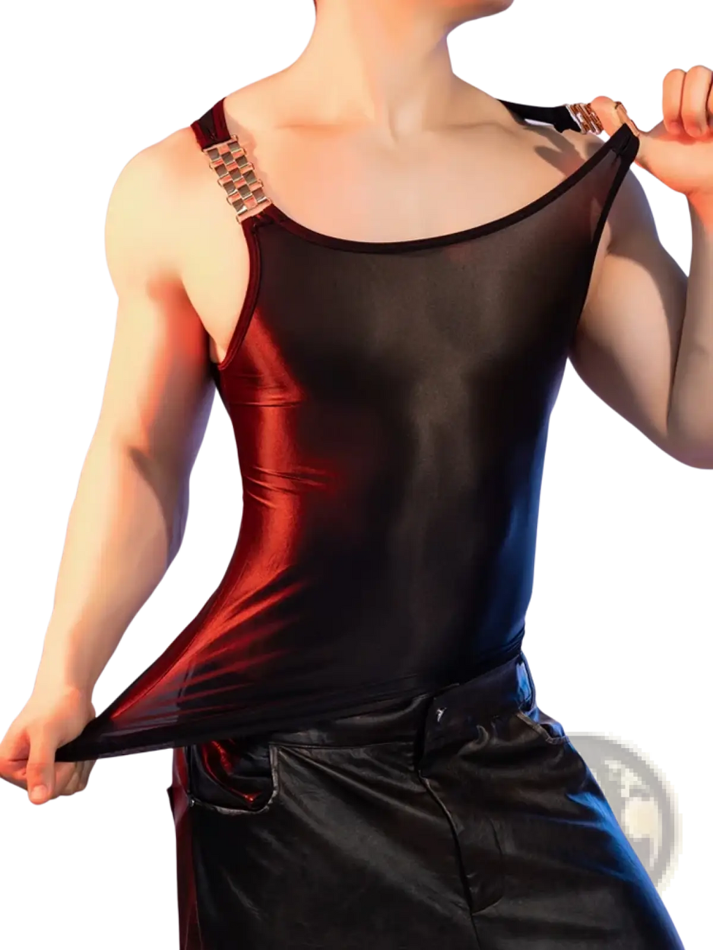Sheer glossy men tank top in black and red metallic with silver chain-studded shoulder straps