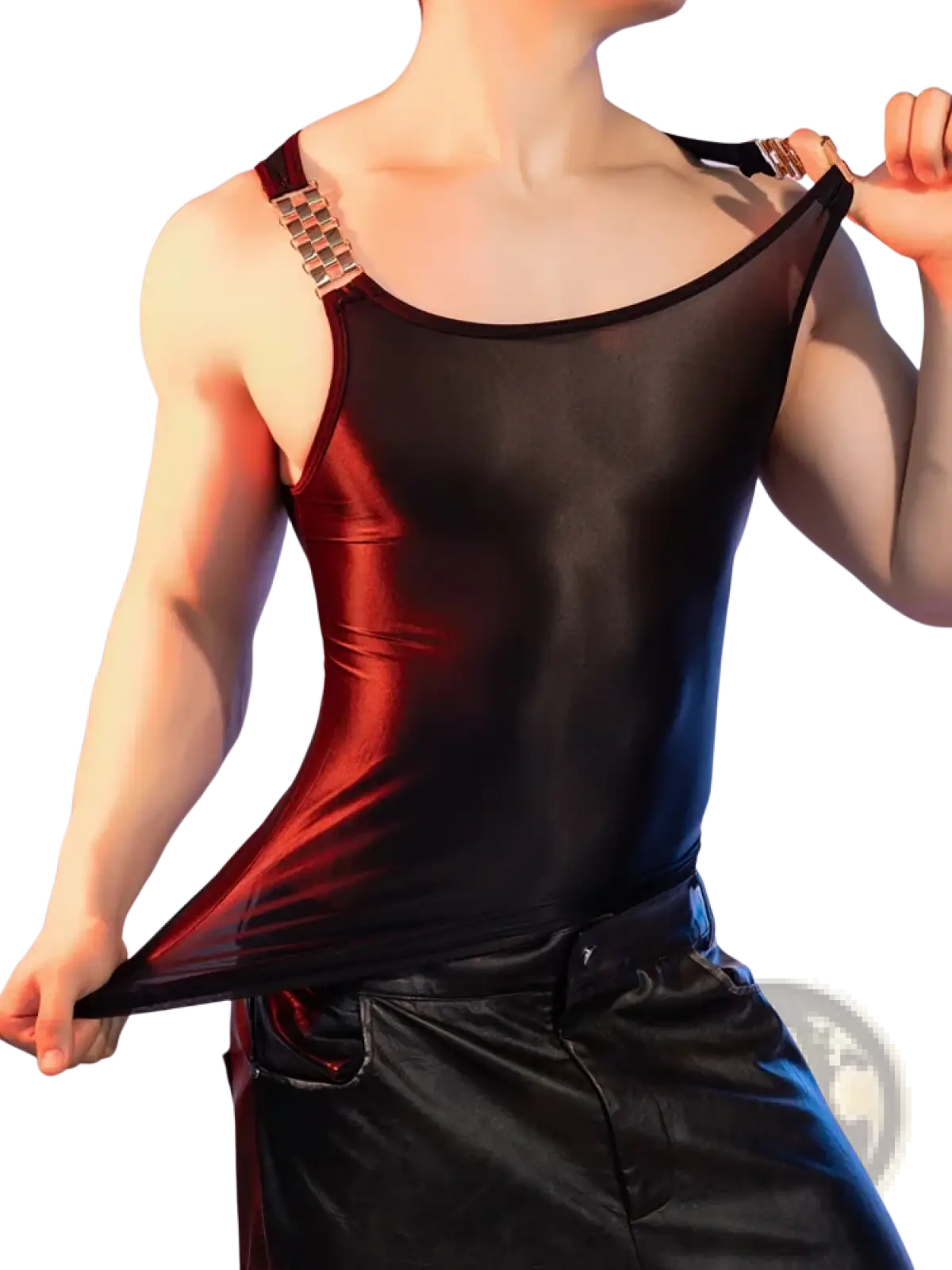 Sheer glossy men tank top in black and red metallic with silver chain-studded shoulder straps
