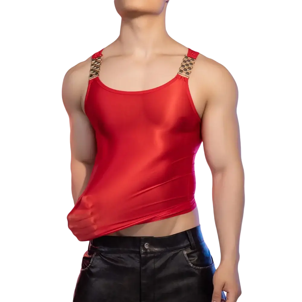 Red satin men tank top with sheer glossy finish and gold-toned metallic shoulder straps for stylish wear