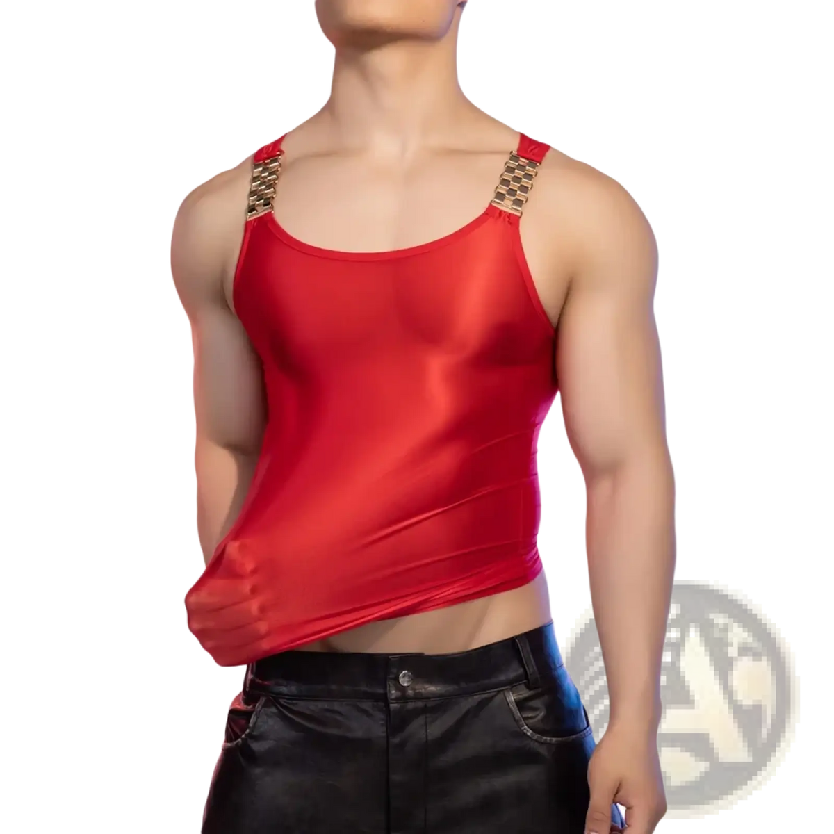 Red satin men tank top with sheer glossy finish and gold-toned metallic shoulder straps for stylish wear