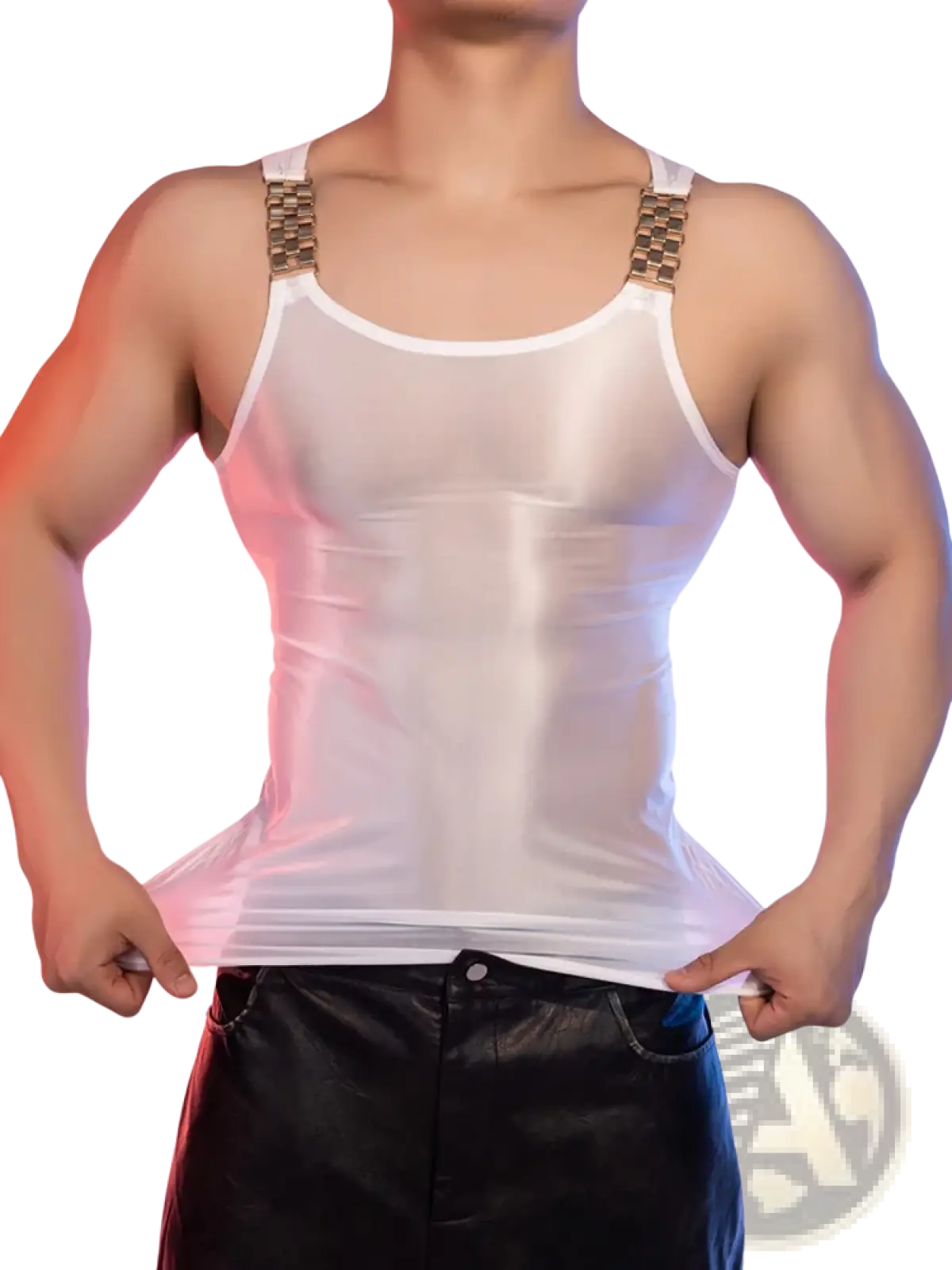 Sheer glossy men tank top in transparent white with metallic gold chain straps for stylish casual wear