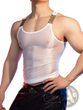 White sheer glossy men tank top featuring metallic gold chain detailing along the shoulder straps