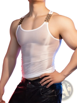 White sheer glossy men tank top featuring metallic gold chain detailing along the shoulder straps