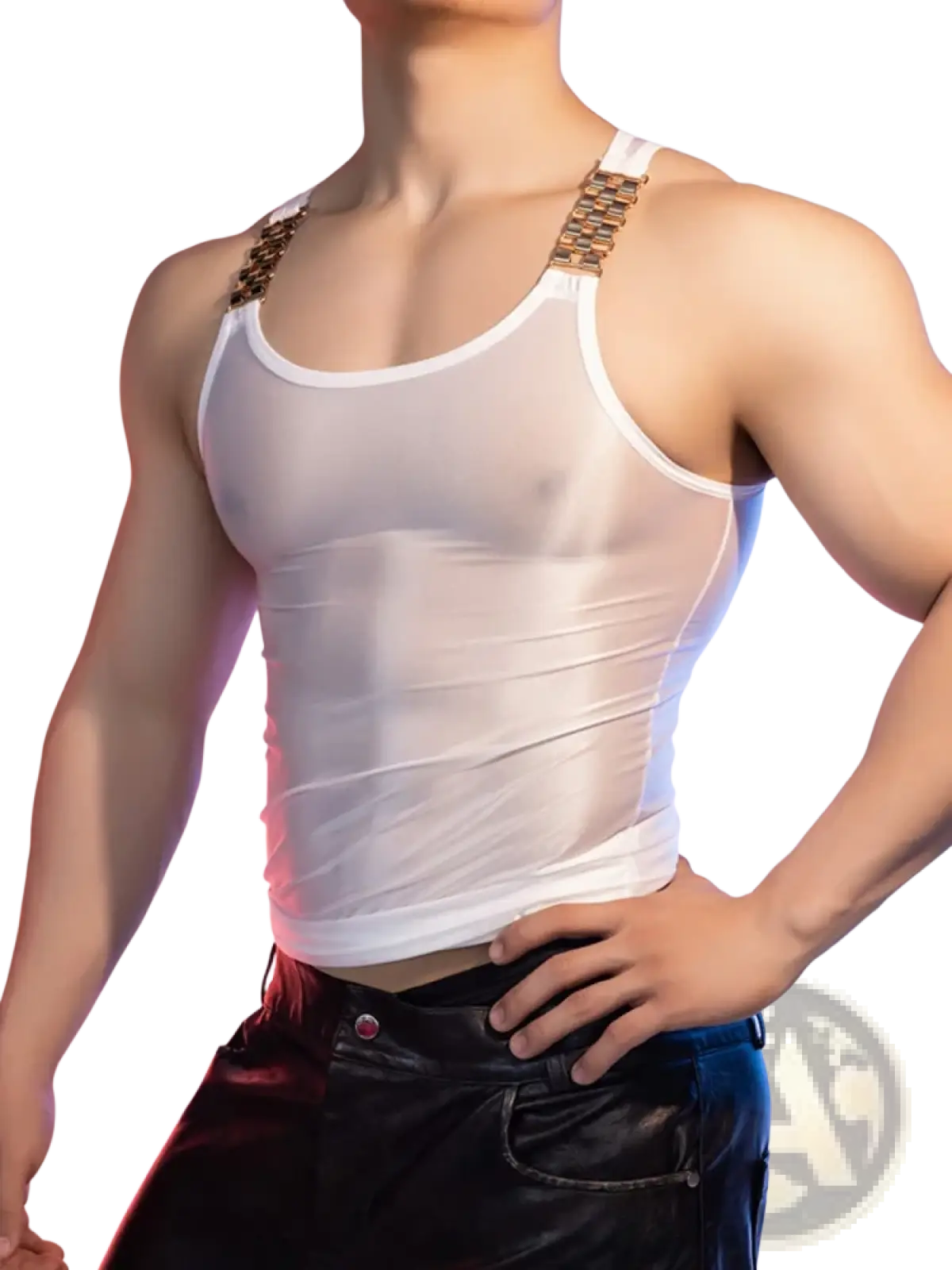 White sheer glossy men tank top featuring metallic gold chain detailing along the shoulder straps