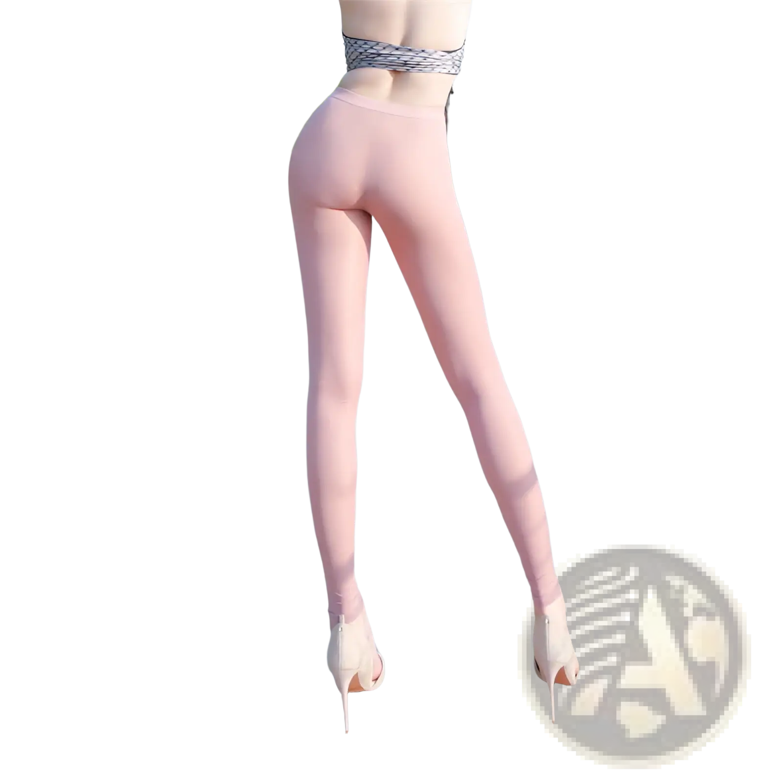 Pink sheer high waisted leggings with patterned waistband worn with high heels for casual wear