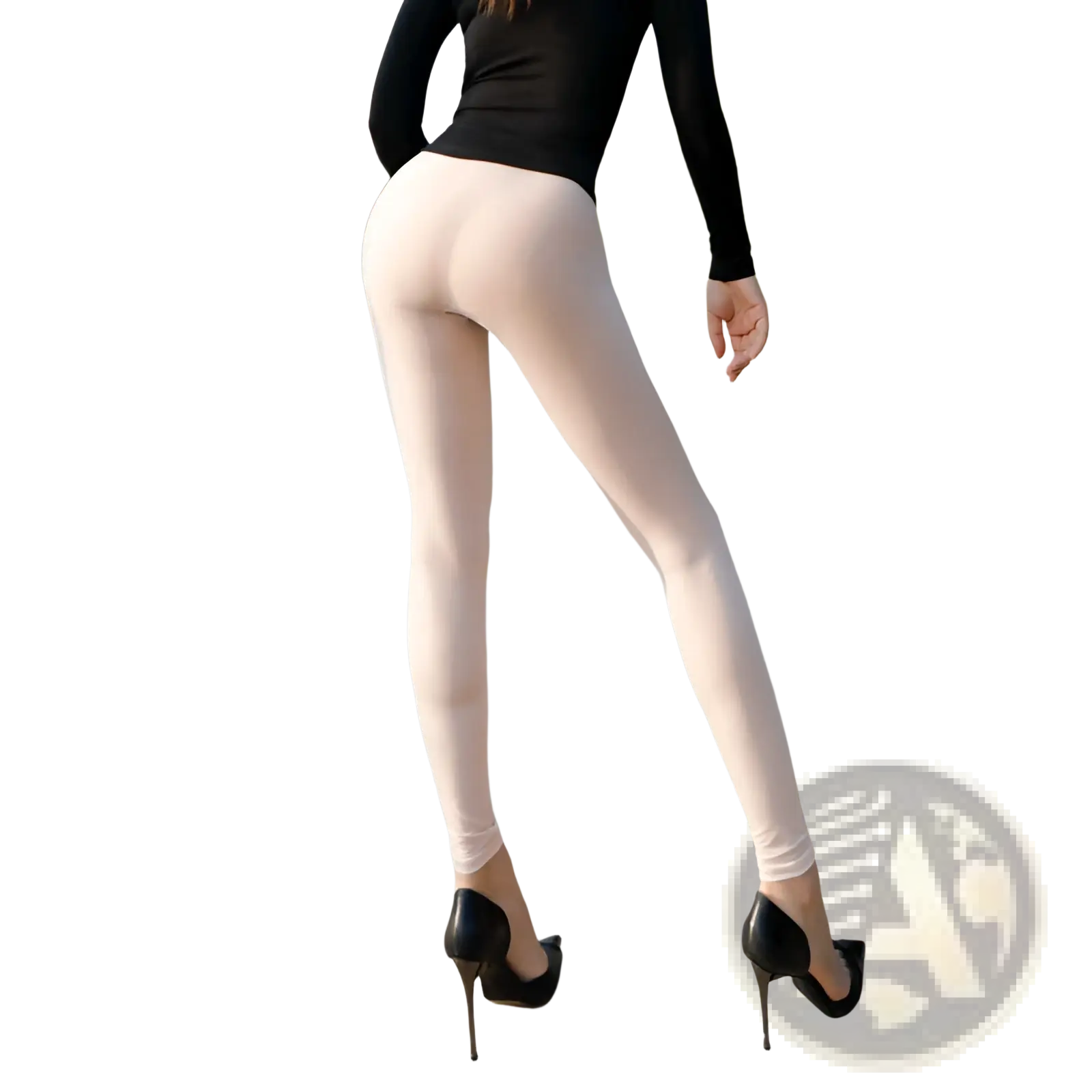 Cream-colored sheer high waisted leggings solid color casual pants worn with a black top and high heels